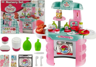 Set loje kujdesi për bebe LeanToys Baby Care, tavolinë me lavatriçe, aksesorë kozmetike, rozë e gjelbër