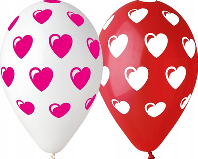 Balona latex GoDan Gemar me zemra, 30 cm, 5 copë, të bardha dhe të kuqe