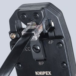 Këmbalidhëse krimpuese Knipex 975112 për RJ10, RJ11, RJ45, me prerëse kabllosh, ngjyrë e zezë