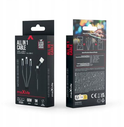 Kabllo karikimi Maxlife ALLin1, USB dhe USB-C në Lightning dhe 2x USB-C, 1 m 66W, e zezë