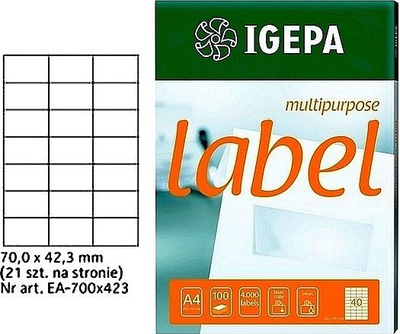 Fletë etiketa Mondi LABELS A4 IGEPA, 70 x 42.3 mm, 100 fletë, të bardha