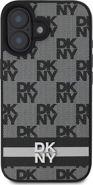 Kapak telefoni DKNY me lëkurë PU me kuadrata, për iPhone 16, model me vija, i zi