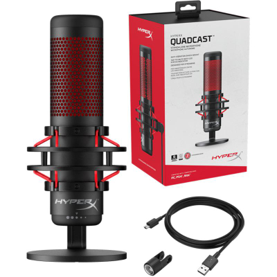 Mikrofon HyperX QuadCast 4P5P6AA, kondensator, USB, me RGB, i kuq e zi