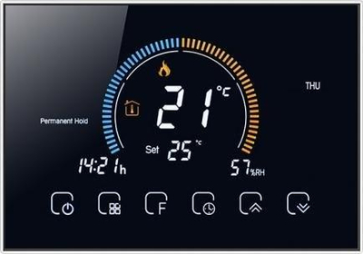 Termostat smart Renov8 Wi-Fi, ekran LCD me ngjyra, për kaldajë gazi, panel i zi xhami