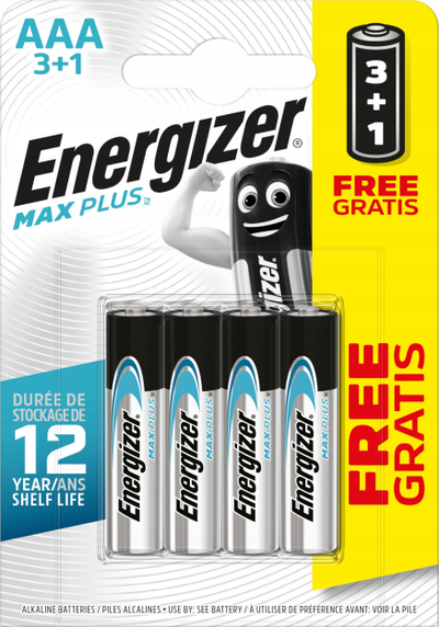 Bateri alkaline Energizer Max Plus LR03 AAA, 1.5V, 4 copë