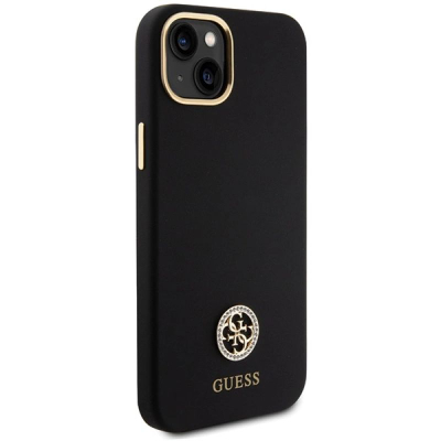 Guaskë telefoni Guess Silicone Logo Strass 4G për iPhone 15 Plus / 14 Plus, silikoni, e zezë