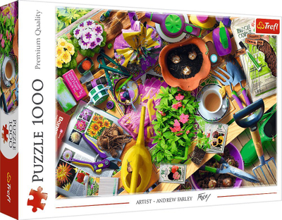 Puzzle Trefl “Tidying up the Garden”, 1000 copa, ilustrim kopshti, shumëngjyrësh
