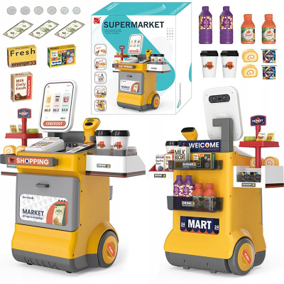 Lodër arkë supermarket interaktive, karrocë me banak, me tinguj, shumëaksesorëshe