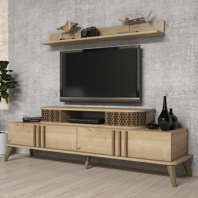 Komodë TV Kalune Design September, me rafte dhe dollapë, dru natyral