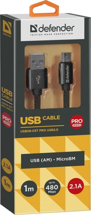 Kabllo Defender USB A - MicroUSB 87802, 1m, e zezë