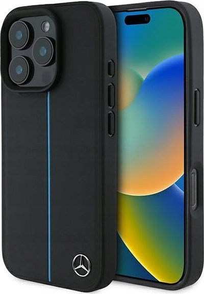 Kapak telefoni Mercedes Blue Line Leather, MagSafe, për iPhone 16 Pro, i zi