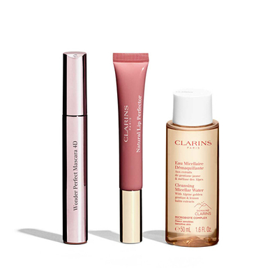 Set për femra Clarins, maskarë + shkëlqyes buzësh + ujë micellar + çantë kozmetike