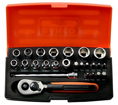 Set çelësash me racë Bahco 1/4", 25 copë, në kuti plastike portokalli