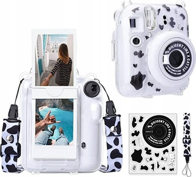 Kuti mbrojtëse LoveInstant për Fujifilm Instax Mini 12, transparente, me ngjitëse Little Cow, shumëngjyrëshe