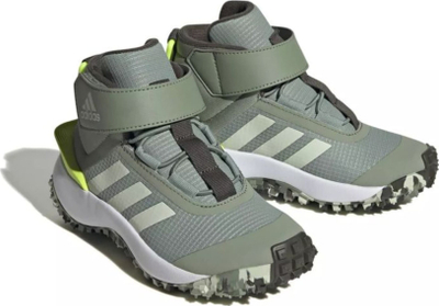 Këpucë trekking fëmijësh Adidas Fortatrail EL K IG7265, mbi kyç, shollë Traxion, gri me të verdhë, nr 40