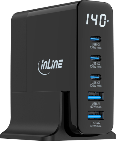 Karikues GaN InLine USB PD, 5 porta, 140W, me ekran