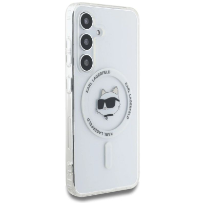 Mbulesë telefoni Karl Lagerfeld Choupette Head për Samsung S25, magnetike, transparente, e bardhë