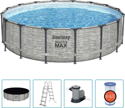 Pishinë me kornizë Bestway Power Steel, rrethore 488x122 cm, me pompë filtri, gri