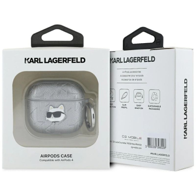 Mbulesë kufjesh Karl Lagerfeld Monogram Choupette Head për AirPods 4, me karabinë, ngjyrë argjendtë