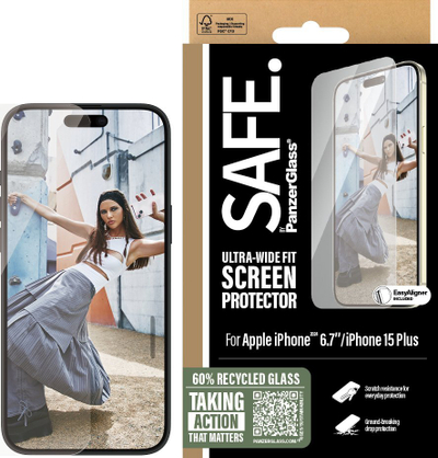 Mbrojtëse ekrani PanzerGlass SAFE iPhone 16 Plus 15 Plus, Ultra Wide Fit, transparente