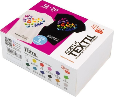 Set bojë akrilike tekstili Rosa Talent Heart, 12 ngjyra, 2 metalike