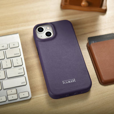 Këllëf telefoni iCarer CE Premium Leather Folio, MagSafe, për iPhone 14, vjollcë e errët