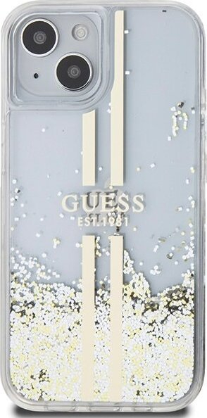 Mbulesë telefoni Guess Liquid Glitter Stripes për iPhone 15, 14, 13 6.1", transparente me grimca të arta
