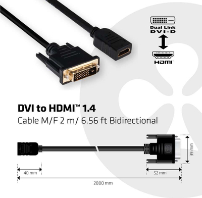 Kабел адаптер CLUB3D CAC-1211, DVI во HDMI 1.4, 2m, црн