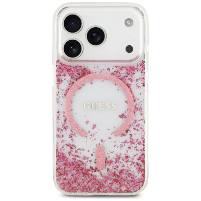 Kapak telefoni Guess Resin Bottom Glitter MagSafe, për iPhone 17 Pro, kapak transparent me glitter rozë