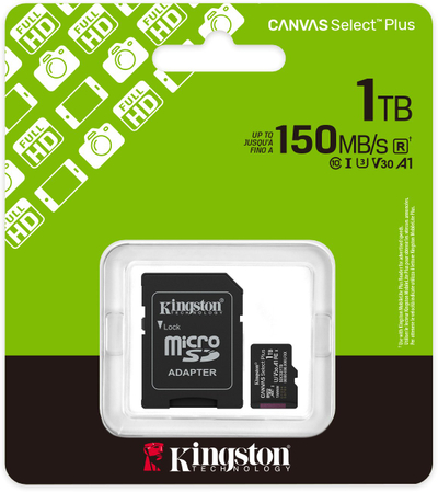 Kartë memorje Kingston Canvas Select Plus Gen3, 1TB, MicroSDXC A1 150MB/s, me adapter