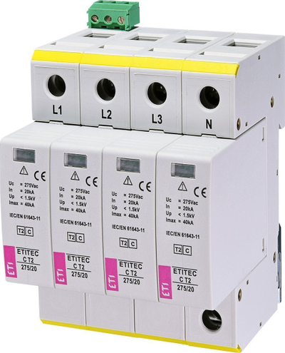 Mbrojtës nga mbingarkesat Eti-Polam ETITEC C T2 275/20 4+0 RC, 275V, për rrjet TNS