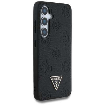 Mbrojtëse telefoni Guess Peony Triangle Logo MagSafe për Samsung Galaxy S25, lëkurë eko, e zezë