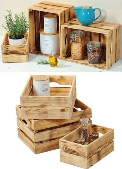 Дрвена гајба Kesper Wooden Burnt Crate, борово дрво, изгорен дизајн, кафеава