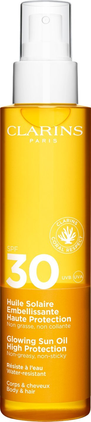 Масло за сонце Clarins Glowing Sun Oil, висока SPF заштита, тело и коса, 150ml