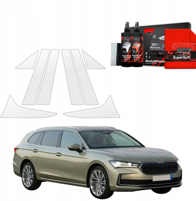 Заштитна фолија за столбови GrizzGlass BodyShield, Skoda Superb 4 Combi 2024 2025, сет 8 парчиња, транспарентна