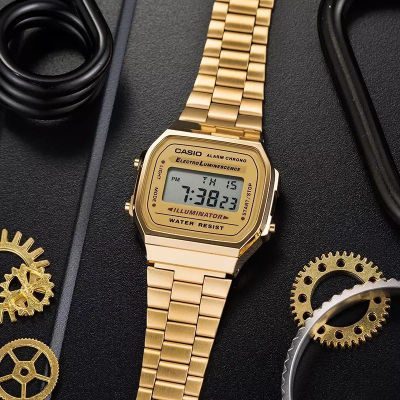 Orë dore Casio Retro me ekran dixhital, alarm, ngjyrë ari