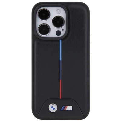 Këllëf telefoni BMW Quilted Tricolor për iPhone 15 Pro 6.1", hardcase, lëkurë eco, i zi