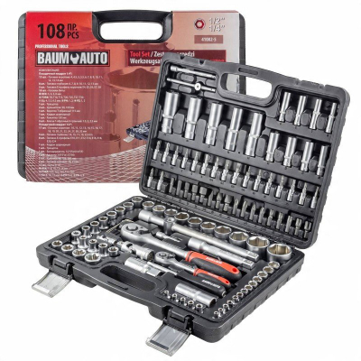 Set çelësash tubi Baumauto, 108 pjesë, Cr V, me kuti plastike
