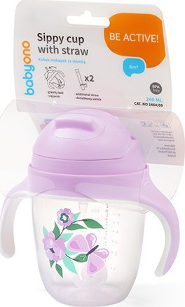 Чаша за тренирање Babyono Be Active Sippy, 240 ml, сламка против пролевање, со пеперутки