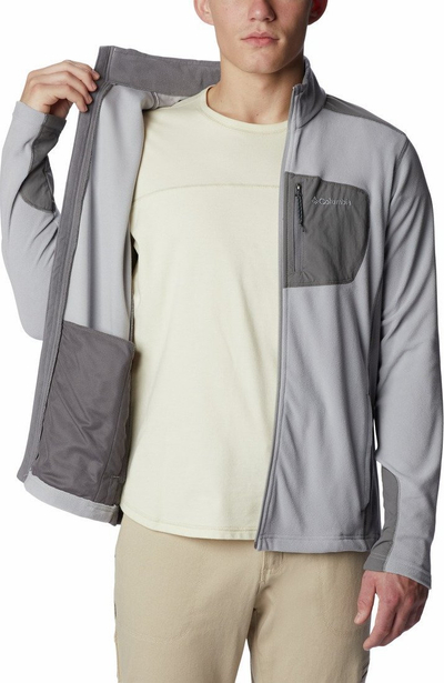 Xhaketë fleece për burra Columbia Klamath Range, me zinxhir komplet, xhep kraharori me zinxhir, gri