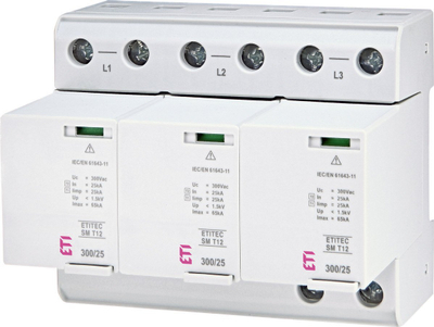 Mbrojtës rrufeje ETI ETITEC SM T12 300/25 3+0, tip T1 T2, 25kA