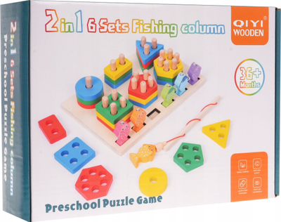 Lodër edukative druri QIYI 2 në 1, puzzle me forma, lojë peshkimi magnetik, shumëngjyrëshe