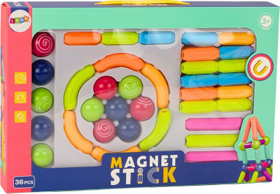 Lodër me blloqe magnetike LEAN Toys Magnet Stick, 36 copë, me shumë ngjyra