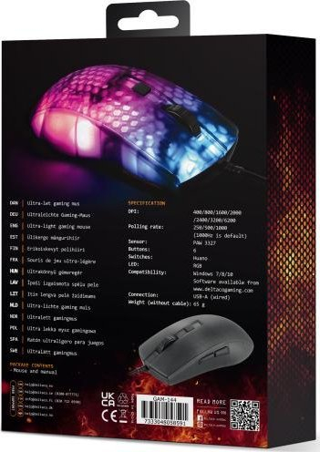Гејминг глушец Deltaco Gaming DM310, 6200 DPI, 6 копчиња, црн проѕирен