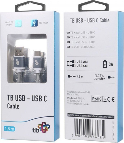 Kabllo USB në USB-C TB, 1.5 m, 3A, gri