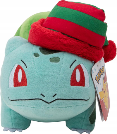 Peluç Pokemon Jazwares Bulbasaur për Krishtlindje, edicion festiv, jeshil me kapelë të kuqe