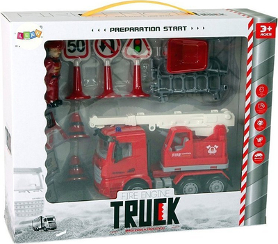 Set lojrash LeanToys Fire Department, kamion zjarrfikës me vinç, tabela rruge, i kuq