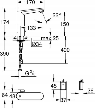 Rubinet lavamani Grohe Eurosmart Cosmopolitan E 36422000, me sensor infra të kuq, pa prekje, krom