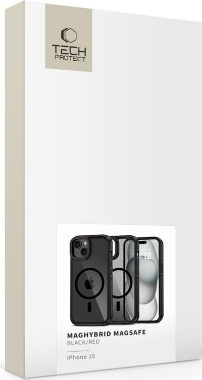 Kapak telefoni Tech-Protect MagHybrid MagSafe, për iPhone 15, transparent me kornizë të zezë me të kuqe