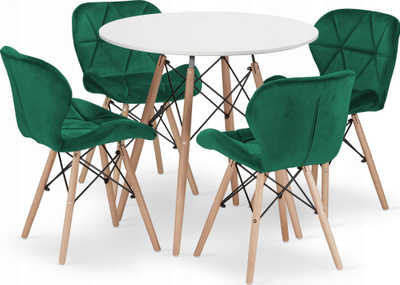 Set tavoline rrethore OSKAR TODI 80 me 4 karrige LAGO, MDF, velvet, e bardhë dhe jeshile